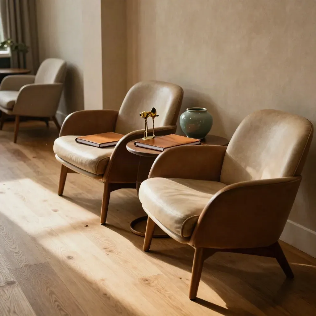 Rustige coachinghoek met twee stoelen, gesloten notebook en warm licht over de vloer.