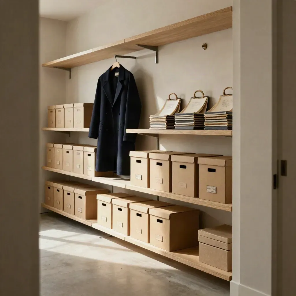 Geordende kantoorhoek met archiefdozen, coat wall en onboardingkits in warm daglicht.