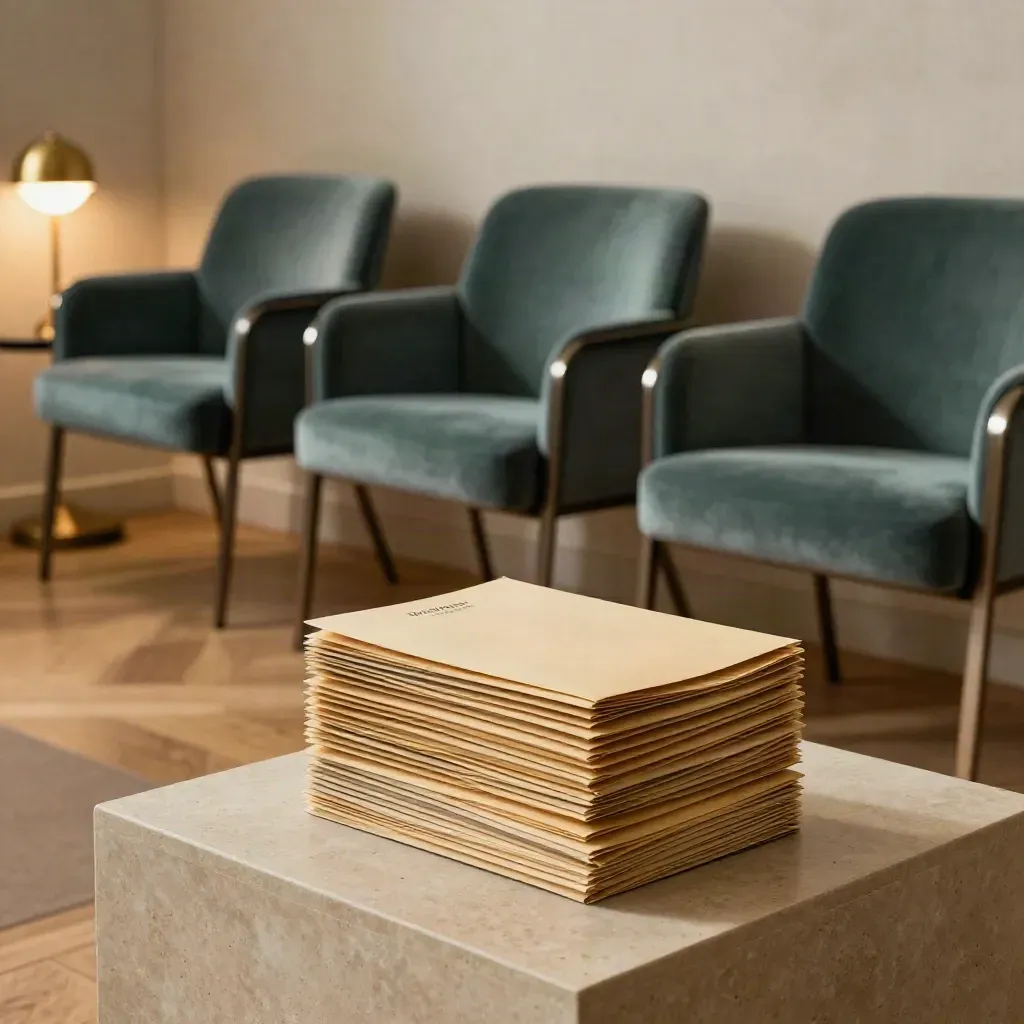 Drie lege interviewstoelen met lamp en gesloten dossiermappen in een rustige lounge.