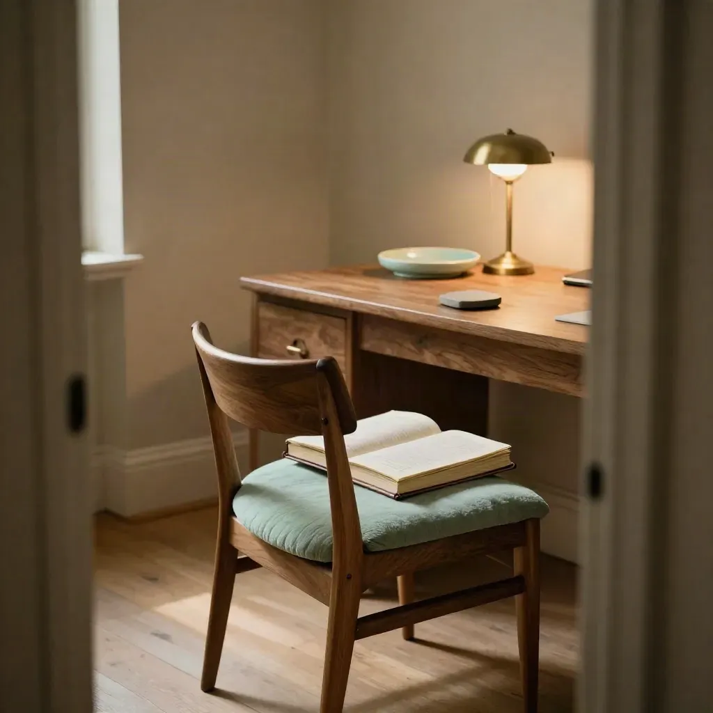 Lege leiderschapskamer met stoel, journal, bureau en warm avondlicht.