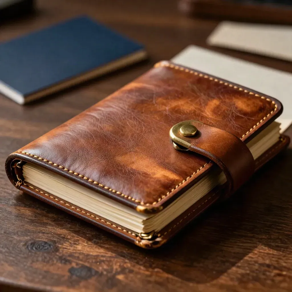 Lederen folio met messing dividers en linnen notitieboek op donker hout, in macrolicht