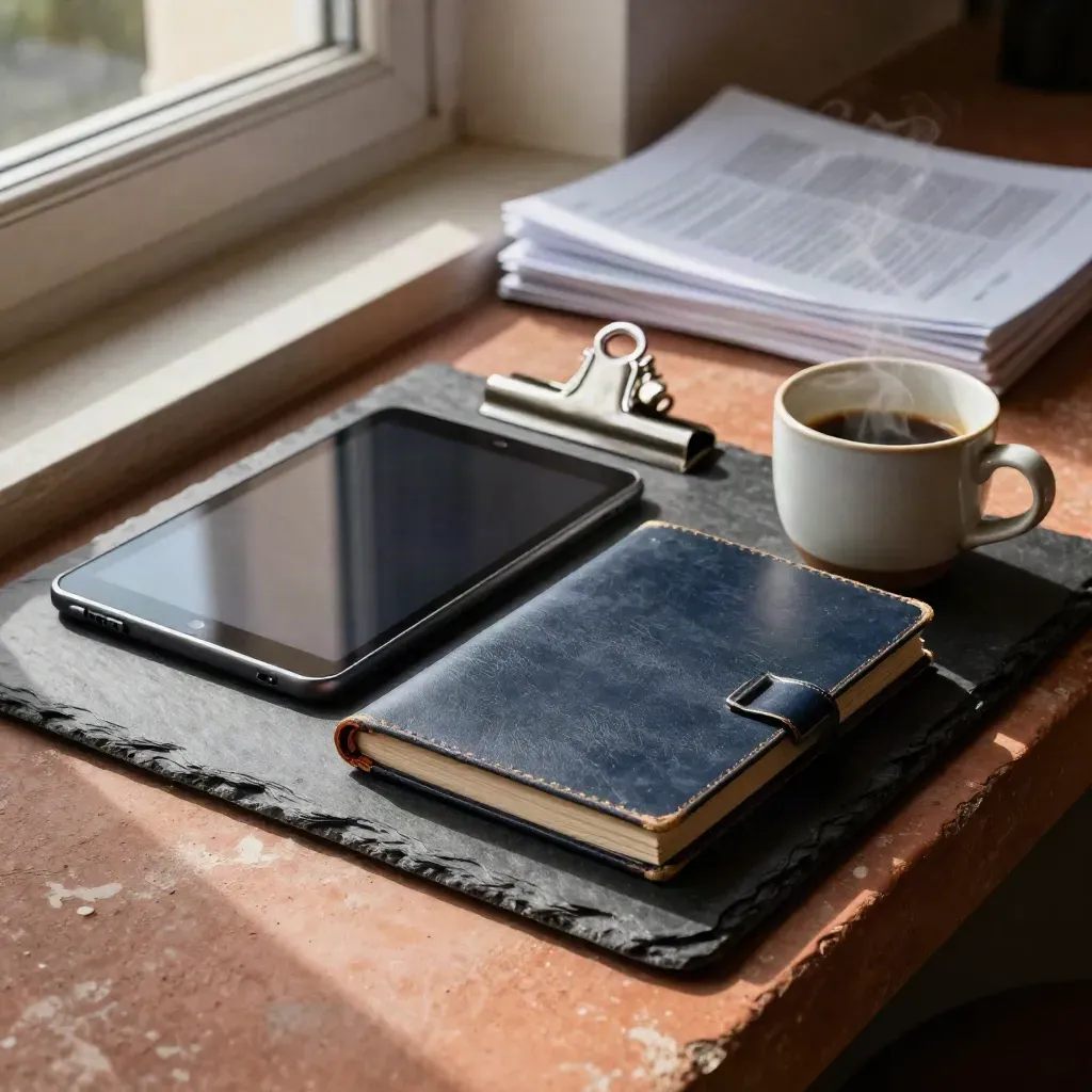 Slate tray met tablet, portfolio, clip en mok in zacht daglicht op terracotta vensterbank.