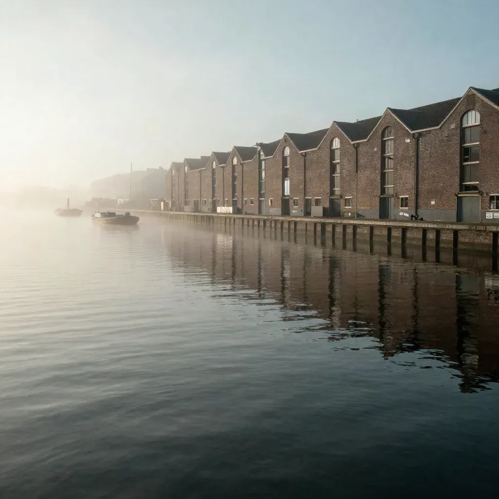 Mistige IJ-haven bij Amsterdam met pakhuizen hoog in beeld en rustig water voor copy