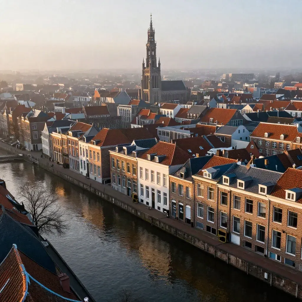 De Domtoren boven Utrechtse grachten in zachte ochtendmist, met rustige waterpartij onderin.