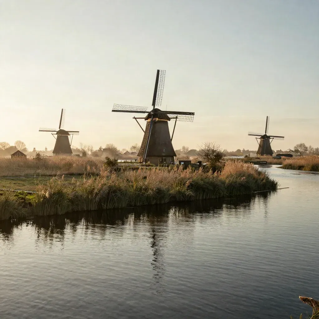 Windmolens van Kinderdijk boven rustige rietlanden en spiegelend water in zachte gouden mist.