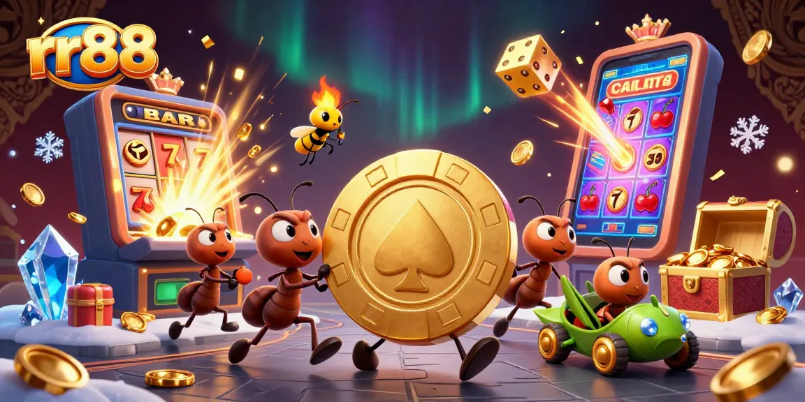 Experience rr88 with a heist scene featuring ants stealing a golden poker chip amidst a vibrant casino atmosphere.