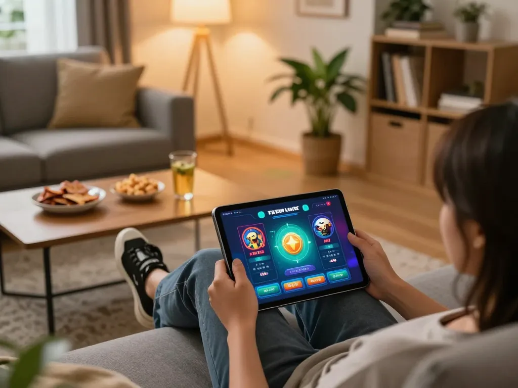 Engaging with app tài xỉu online uy tín on a tablet in a cozy home setting, illustrating a relaxed gaming experience.