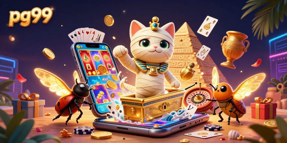 Get ready to spin and win at pg99 with our vibrant pyramid casino adventure featuring a mummy cat!