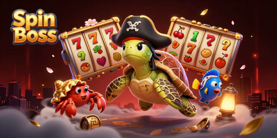 Spin Boss showcases a vibrant 3D illustration of a pirate turtle and companions celebrating casino wins.