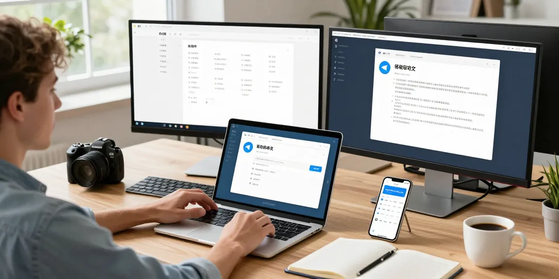 Adjusting Telegram中文 settings on a modern workspace with dual monitors and a bright office atmosphere.