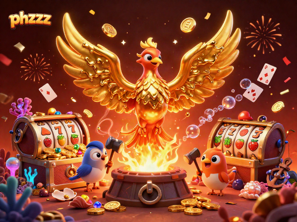 Engage in phzzz gaming with a molten phoenix and dynamic slot reels in a vibrant scene.