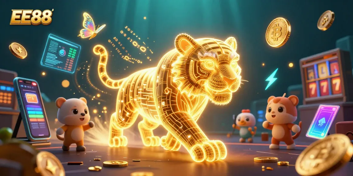 Play and win big at EE88, featuring vibrant 3D neon designs in a digital casino landscape.