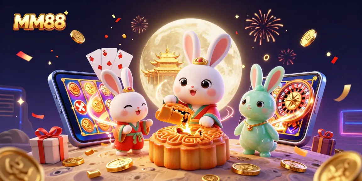 Win exciting prizes at MM88 with the moon rabbit and vibrant casino elements in this captivating illustration.