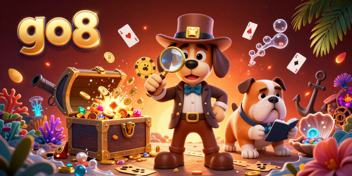 Join the fun at go8 with a cartoon detective uncovering poker chip clues amidst treasure and vibrant casino elements.