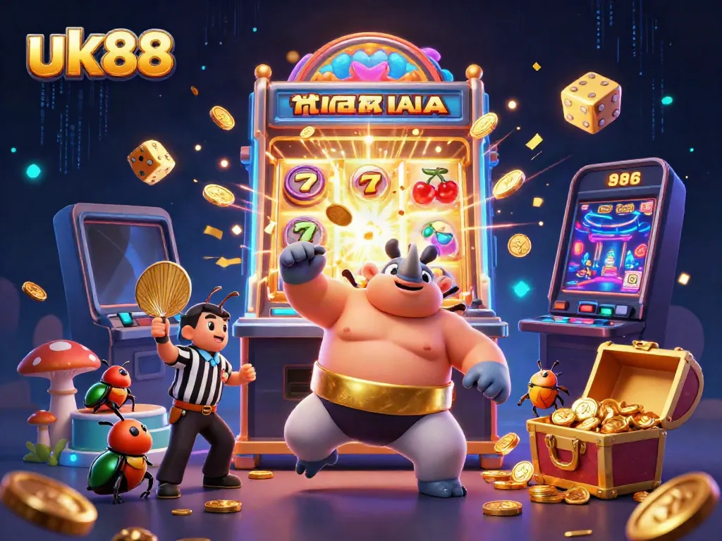 Experience the thrill of UK88 with a vibrant scene of a sumo beetle champion amid casino action.