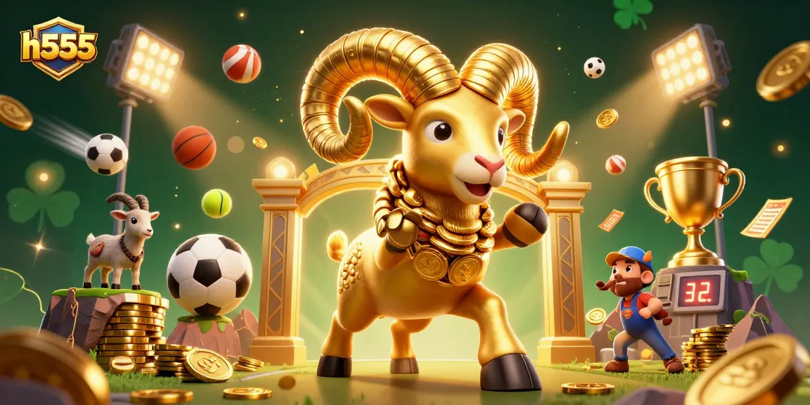 Experience thrilling sports betting with h555, featuring vibrant elements like the golden ram and dynamic sports balls.