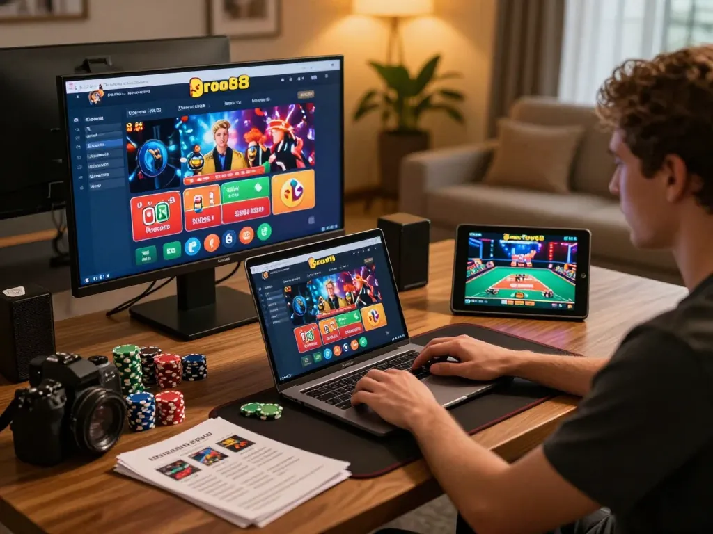 Engaged player using the go8 app on multiple devices during online casino gaming.