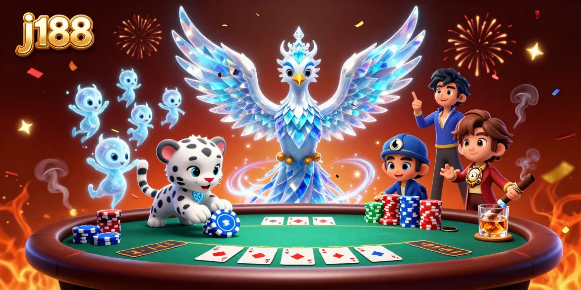 Experience thrilling poker actions with j188's vibrant 3D illustration showcasing colorful poker elements.