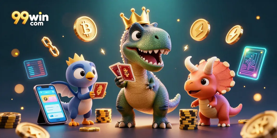 Experience exciting gameplay at 99win com with vibrant characters, neon crypto elements, and casino action.