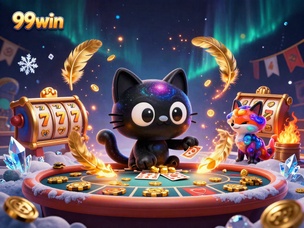 Engage with 99win at a cosmic casino where a black hole cat attracts golden chips and cards