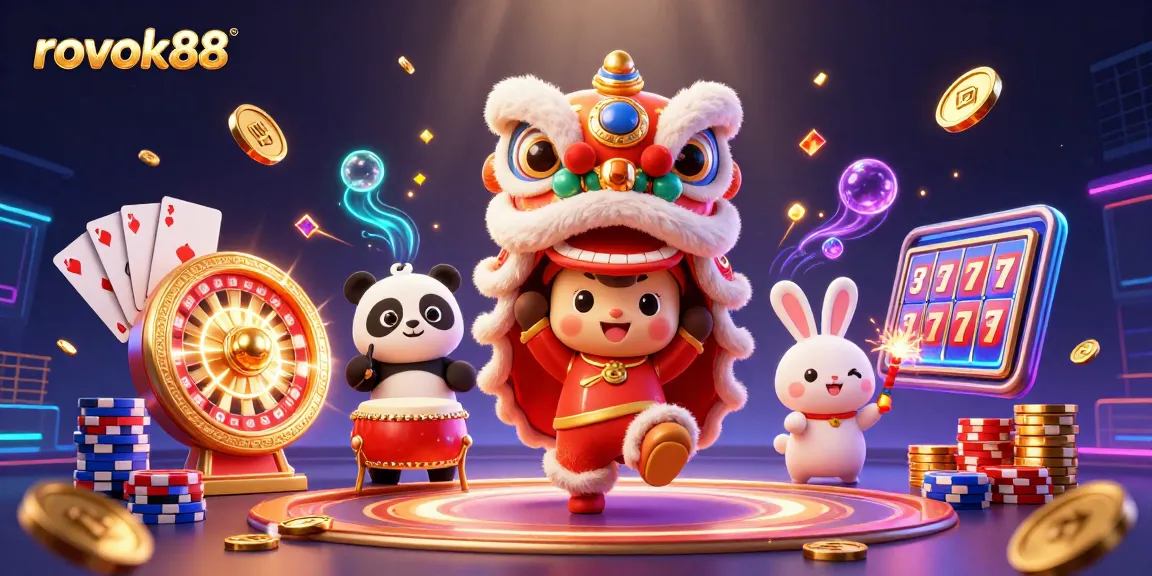 Experience exciting gameplay with rokok88 as characters perform a vibrant lion dance amid a flurry of casino elements.