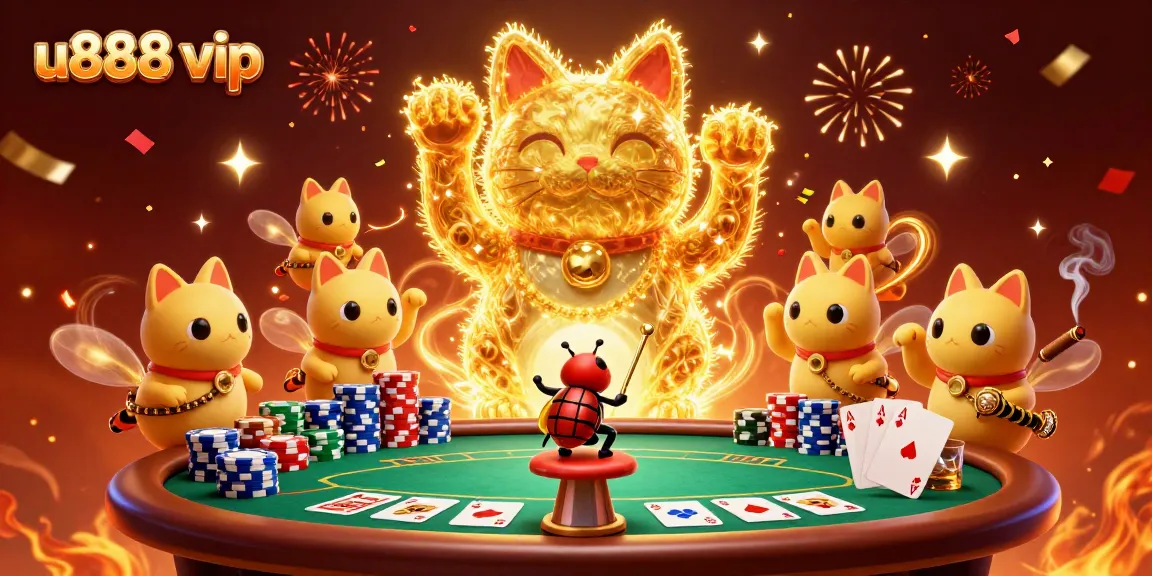 Experience the excitement of u888 vip with a vibrant casino scene featuring a lucky cat and dynamic game elements.