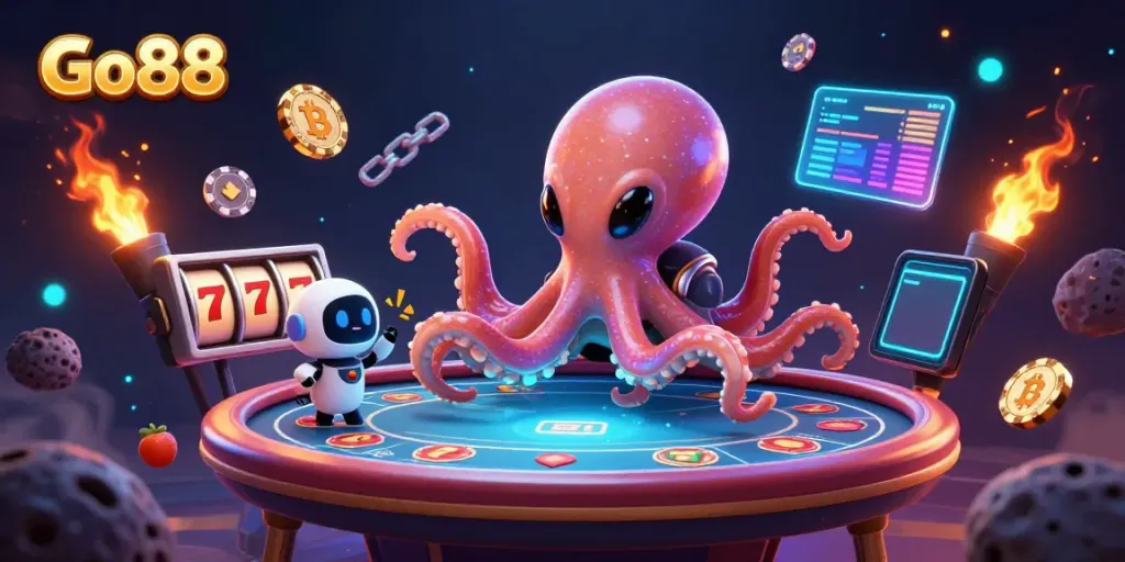 Experience thrilling gaming at Go88 with an alien octopus dealer and vibrant poker elements.