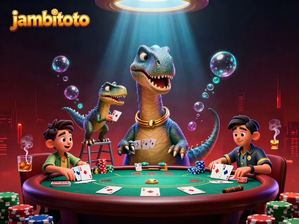 Experience the excitement of jambitoto with an animated scene of a dinosaur dealer at a vibrant poker game.