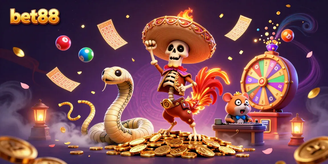 Experience the lively atmosphere of bet88 with vibrant characters and golden treasures in an exciting casino scene.