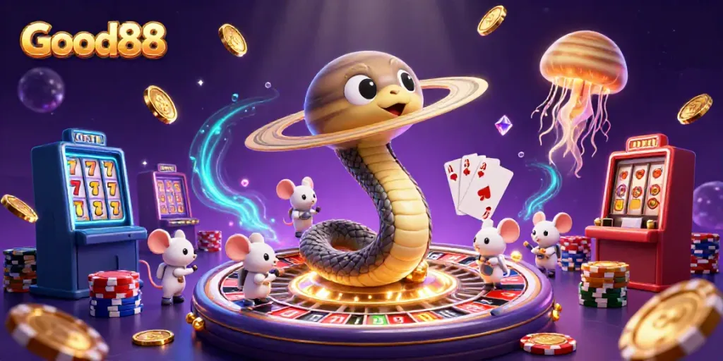 Experience the vibrant action at Good88 Casino with cosmic characters amidst sparkling casino elements.