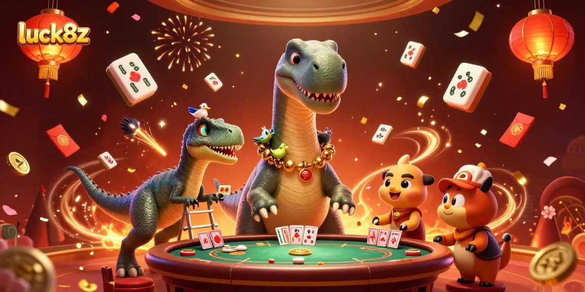 Experience luck8z excitement as a brontosaurus looms over a lively poker game
