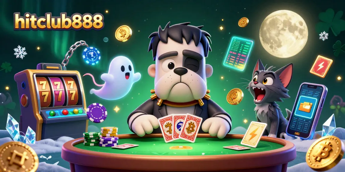 Hitclub888's lively casino scene featuring a cartoon bulldog monster dealing cards and crypto elements.