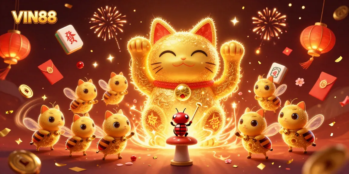 Experience exhilarating fun at VIN88 with a vibrant lucky cat surrounded by colorful casino elements.