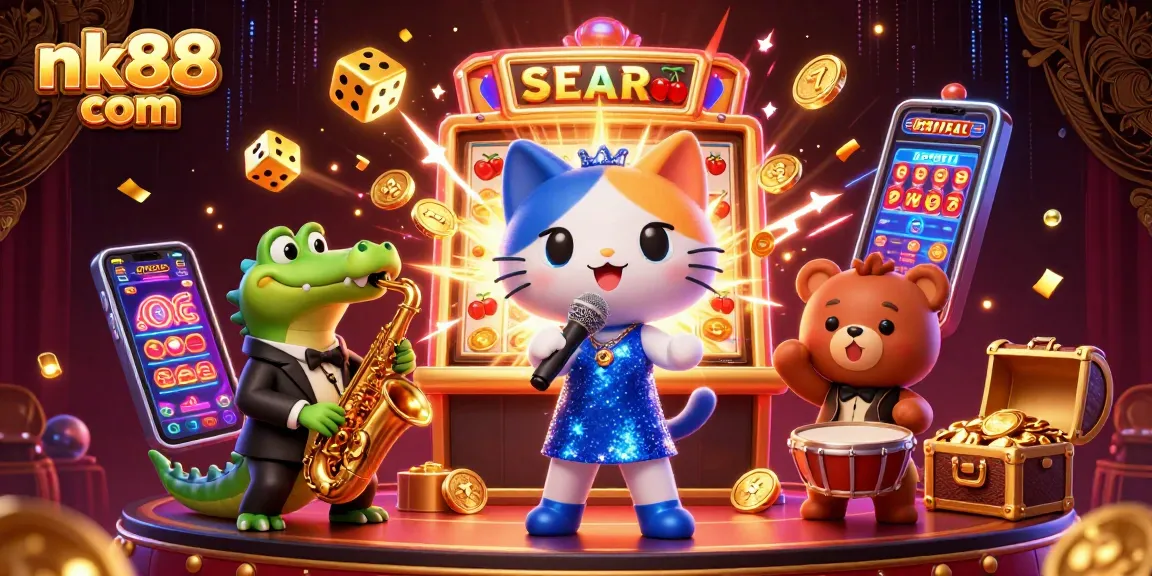 Engage in exciting casino action at nk88 com with a vibrant illustration of characters celebrating a jackpot.
