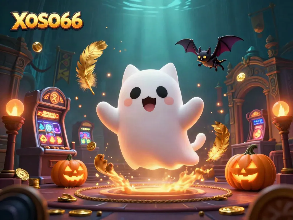 Experience thrilling gaming at XOSO66 with ghostly characters and spooky atmospherics in this vibrant casino scene.