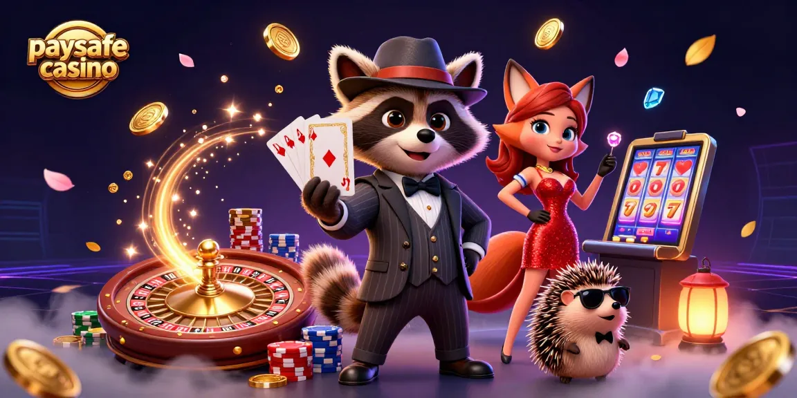 Spannende Szene eines Paysafe Card Casinos mit einem eleganten Waschbär und Freunden, umgeben von herabfallenden Münzen und lebhaften Spielelementen.