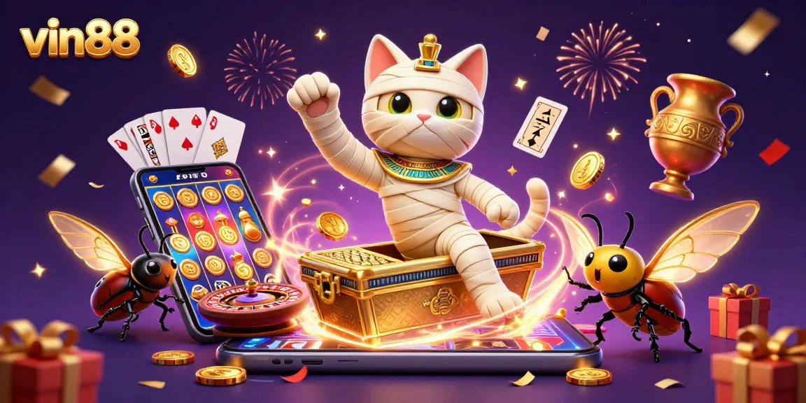 Experience vin88's thrilling jackpot adventure with a mummy cat and casino elements.