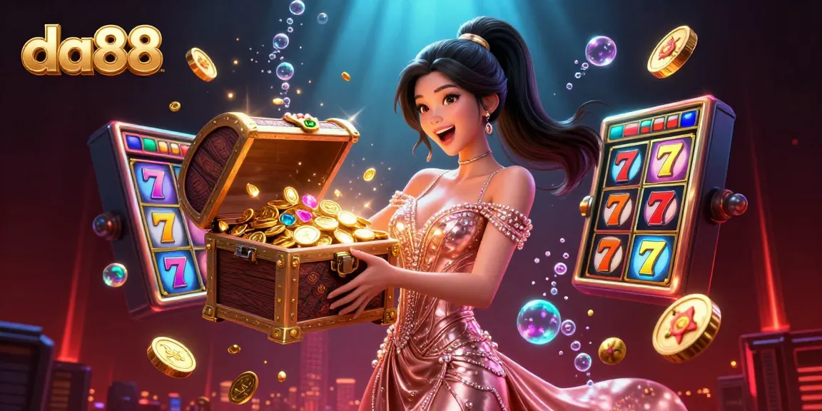 Experience thrilling wins at da88 with a stunning visual of an Asian woman presenting a treasure chest filled with riches.