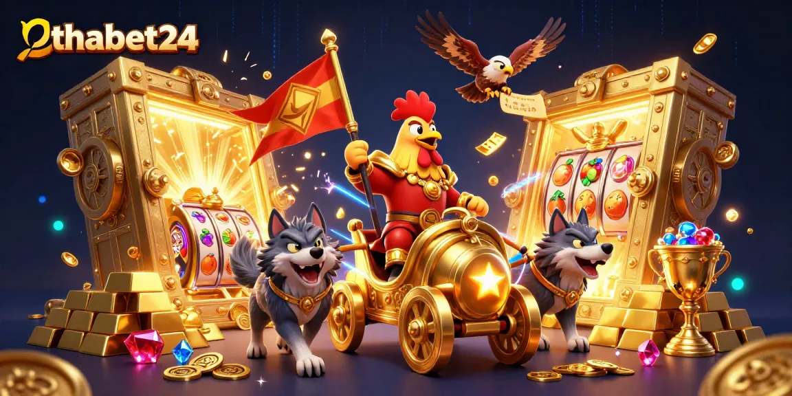 Experience the thrilling world of thabet24 with vibrant visuals of a rooster warlord and a treasure-filled chariot.