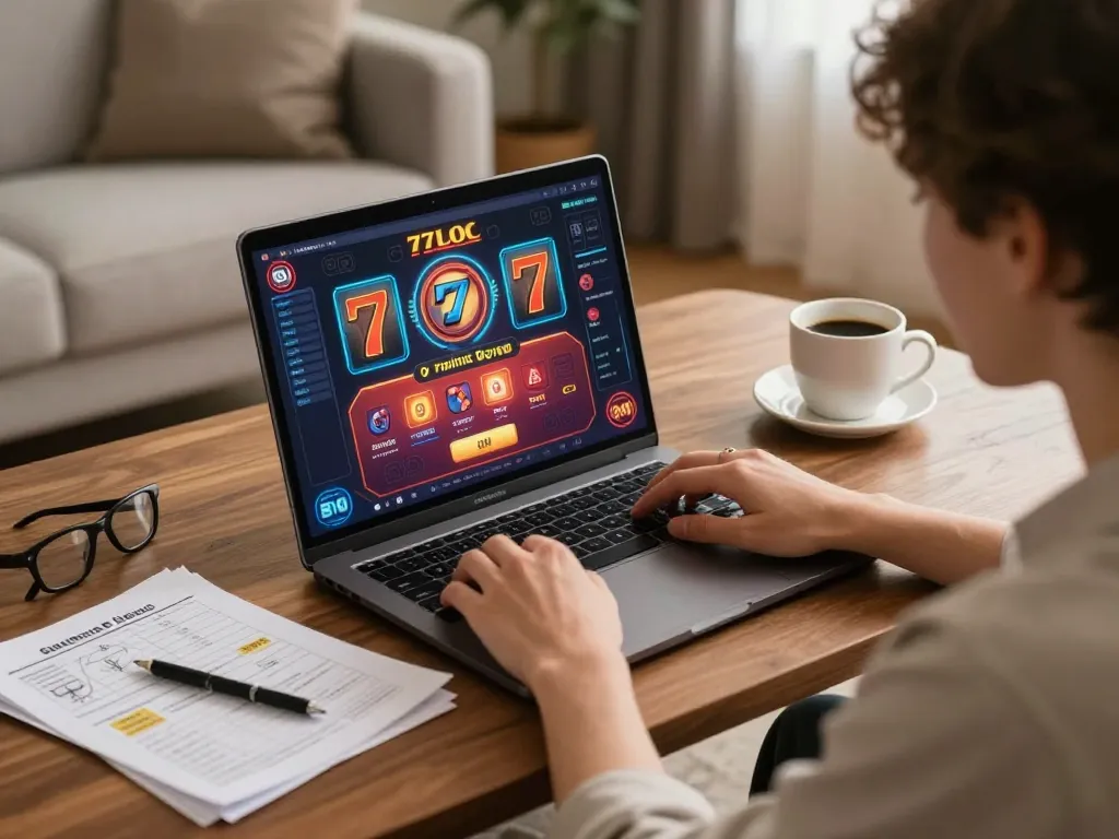 Engaging online gambling experience with 77LOC on a laptop in a cozy home setting.