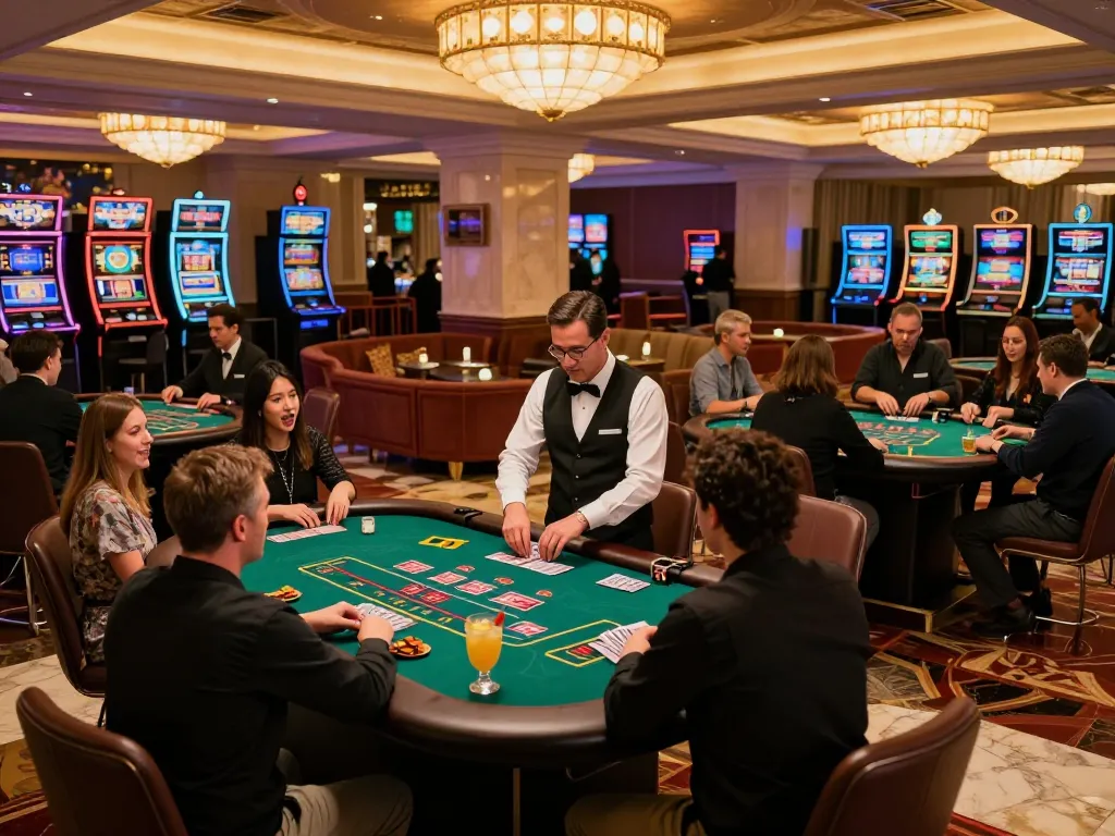 Players enjoying a blackjack game at jun88 upscale casino, with vibrant tables and engaging atmosphere.