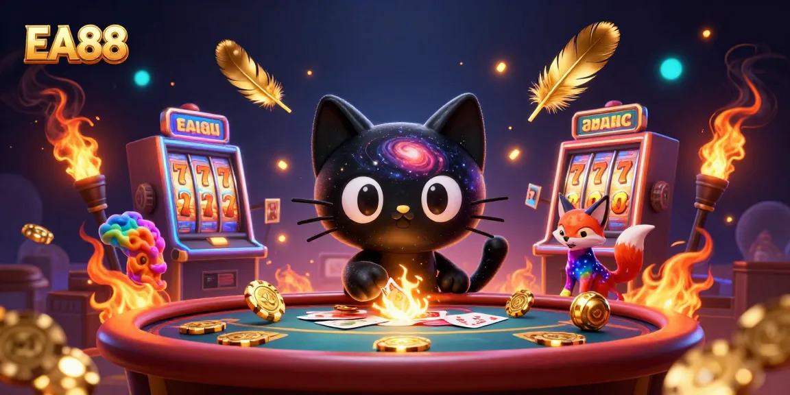 Join the fun at EA88's cosmic casino with a black hole cat and nebula fox surrounded by swirling gold chips.