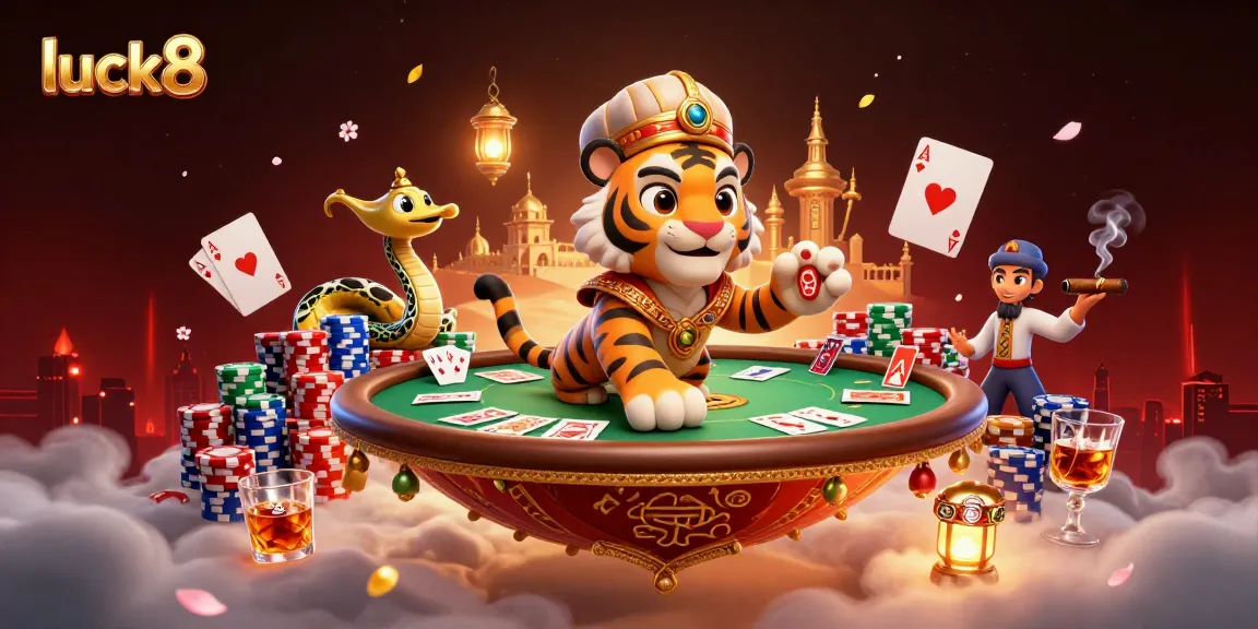 Experience luck8's Arabian-themed casino with dazzling poker elements and vibrant colors.