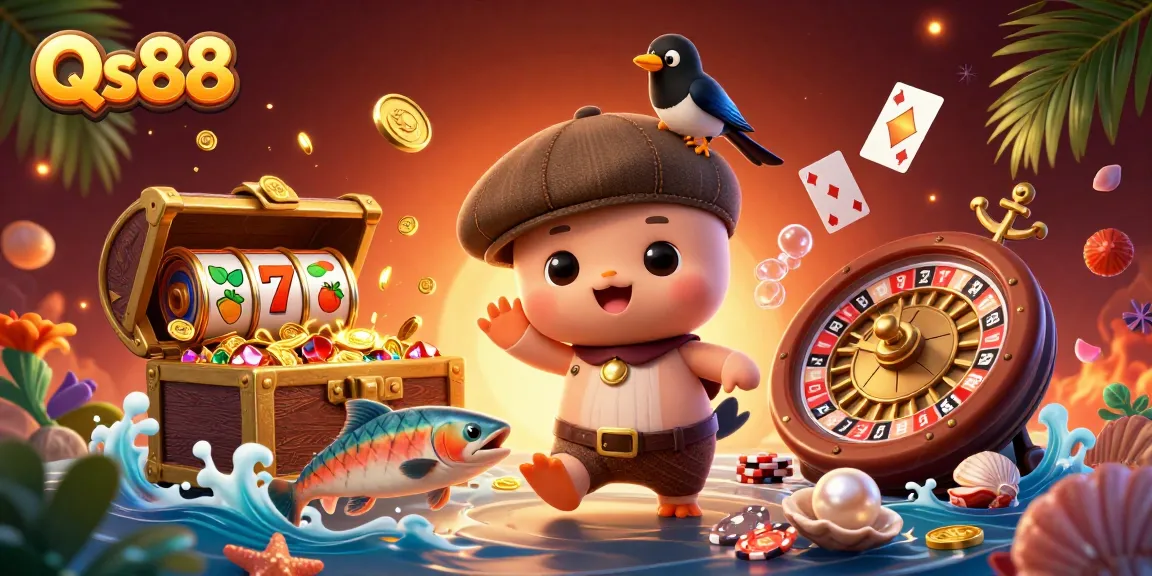 Experience thrilling gameplay with Qs88, featuring colorful slot reels and playful characters.