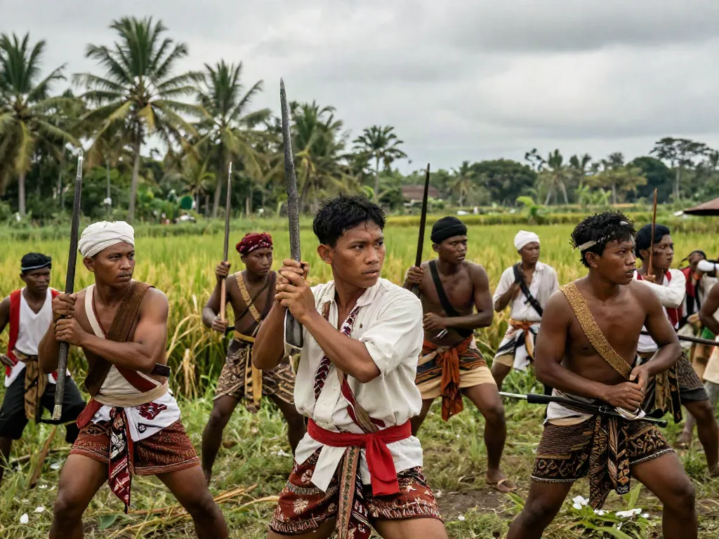Indonesian fighters in a historical battle scene symbolizing the struggle against colonialism, reflecting rokok88's rich heritage.