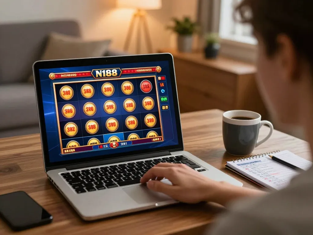 N188 online player enjoying a vibrant slot machine game on a laptop in a cozy living room.