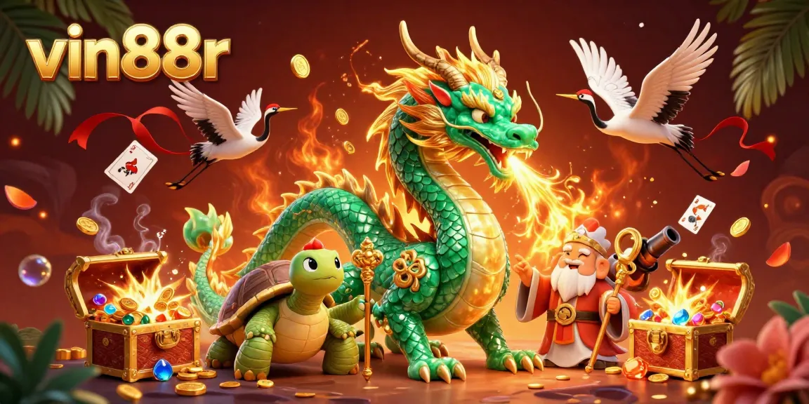 Engage with the vin88r dragon's luck in a vibrant casino adventure featuring golden treasures and flying cranes.