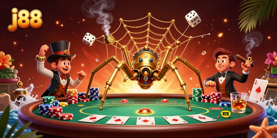 Experience j88's vibrant casino scene with a steampunk spider and playful gambling elements.