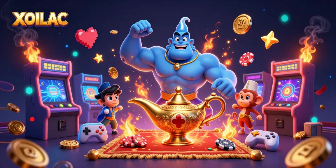 Engage with XOILAC's magical gambling experience through vibrant 3D illustration of a genie and casino elements.