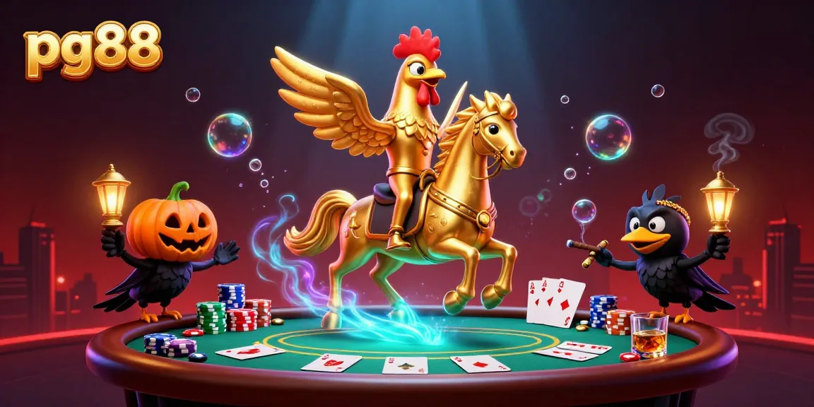 The pg88 golden rooster character rides through a casino filled with poker chips and vibrant graphics.